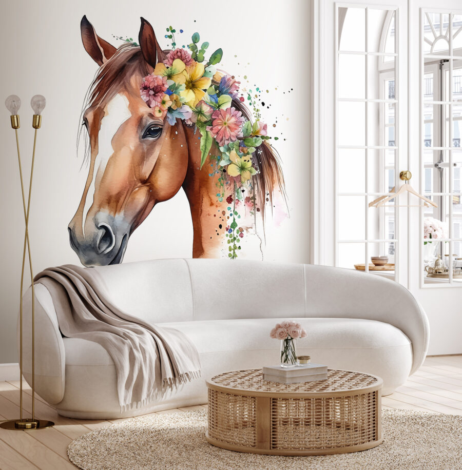 Une aquarelle d'un cheval avec des fleurs sur la tête