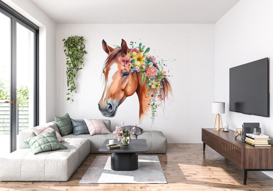 Une aquarelle d'un cheval avec des fleurs sur la tête