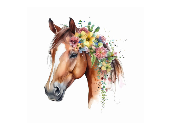 Une aquarelle d'un cheval avec des fleurs sur la tête Une aquarelle d'un cheval avec des fleurs sur la tête