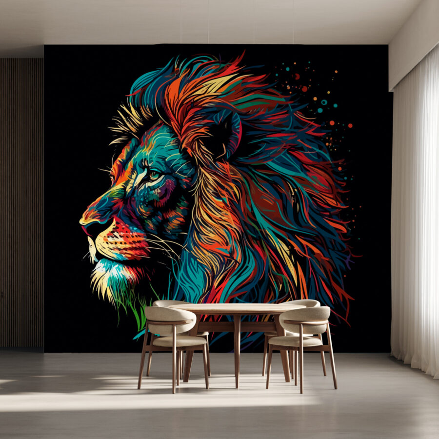 Un lion coloré à la longue crinière