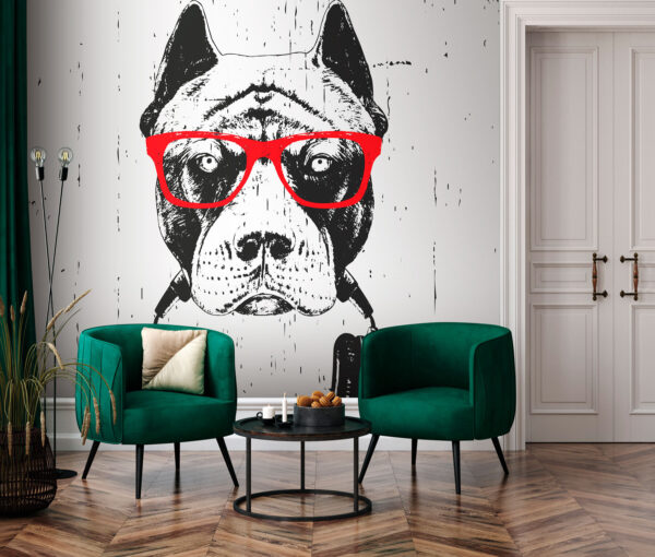 Un chien portant des lunettes et des écouteurs Un chien portant des lunettes et des écouteurs