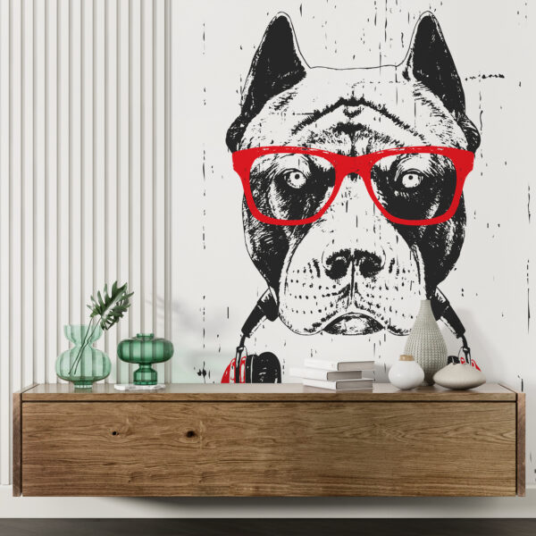 Un chien portant des lunettes et des écouteurs Un chien portant des lunettes et des écouteurs