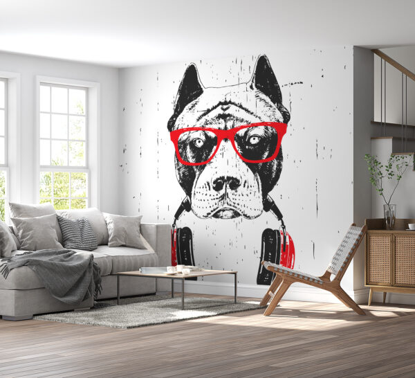 Un chien portant des lunettes et des écouteurs Un chien portant des lunettes et des écouteurs