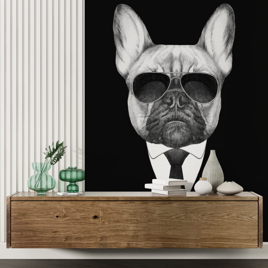 Un chien portant des lunettes de soleil et un costume