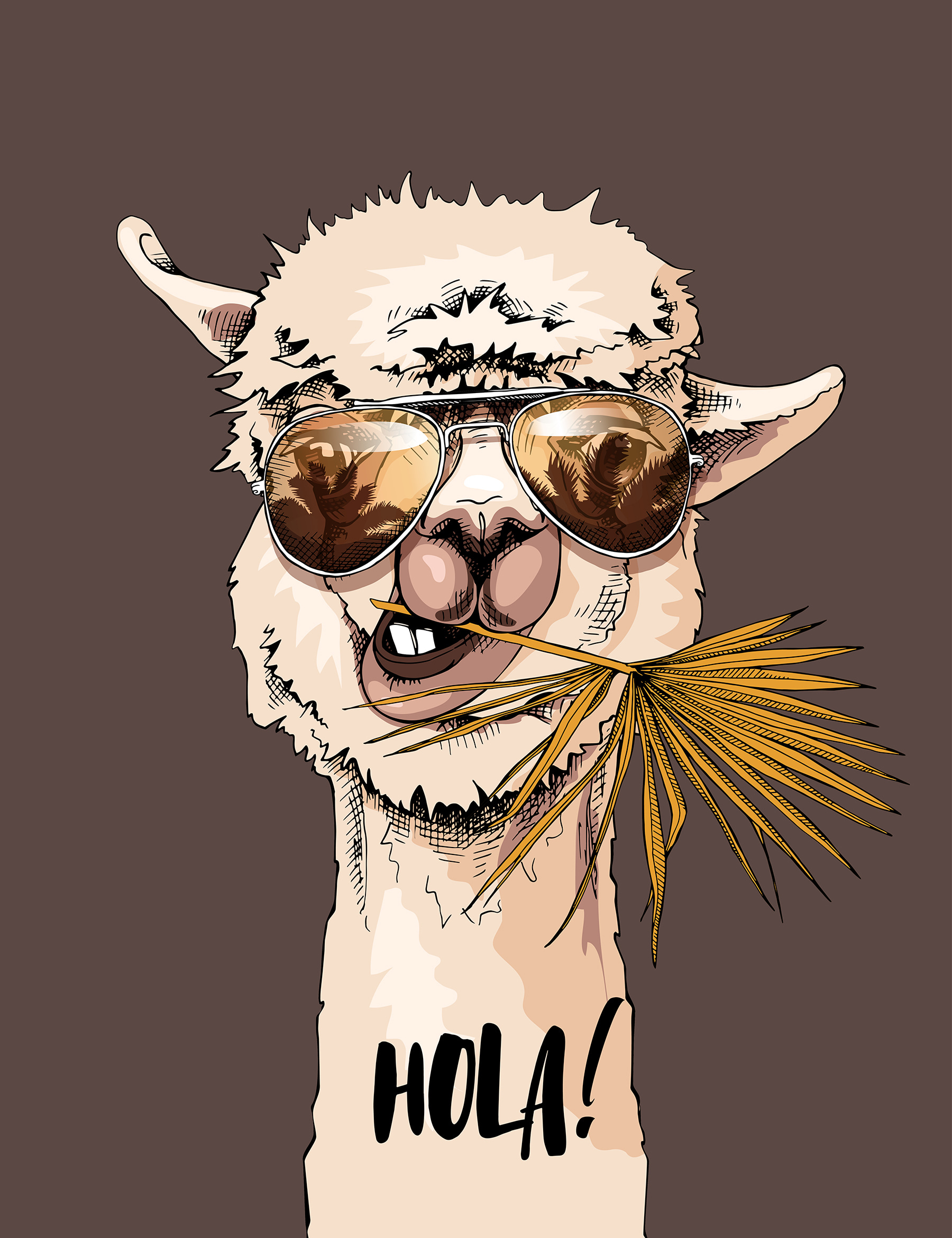 A llama wearing sunglasses and eating a palm leaf