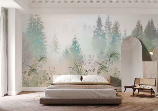 Une forêt brumeuse avec des plantes et des arbres Une forêt brumeuse avec des plantes et des arbres
