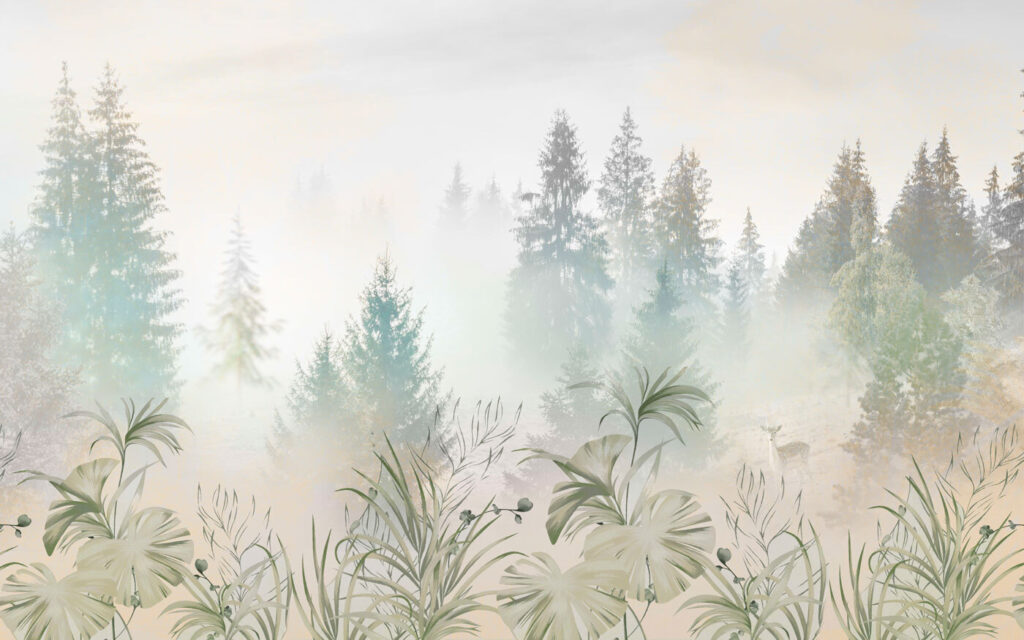 Une forêt brumeuse avec des plantes et des arbres Une forêt brumeuse avec des plantes et des arbres