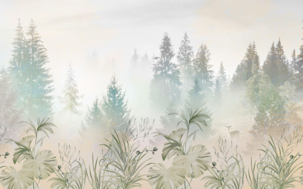 Une forêt brumeuse avec des plantes et des arbres Une forêt brumeuse avec des plantes et des arbres