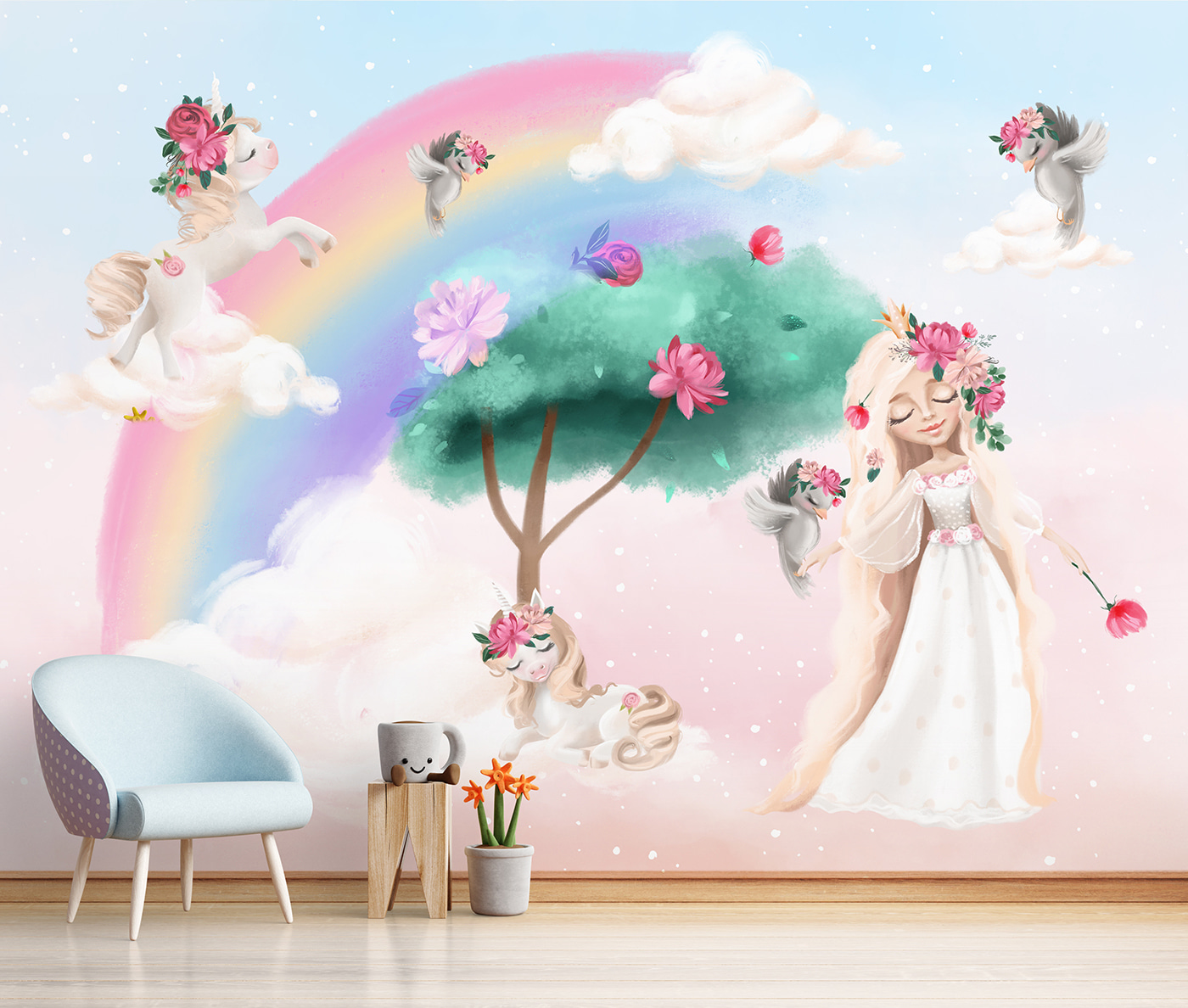 Cartoon of a girl with flowers on her hair and a rainbow Cartoon of a girl with flowers on her hair and a rainbow