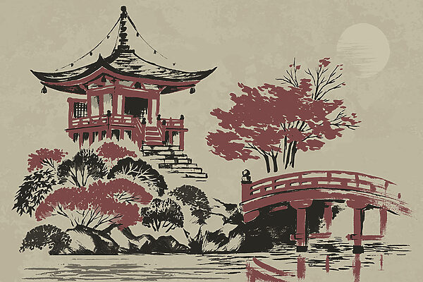 Peinture d'une pagode et d'un pont Peinture d'une pagode et d'un pont