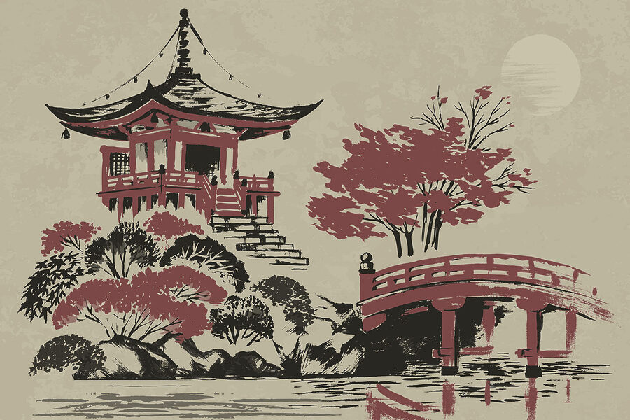Peinture d'une pagode et d'un pont