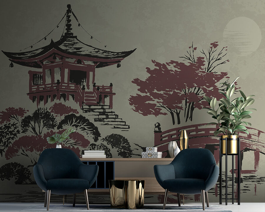 Peinture d'une pagode et d'un pont