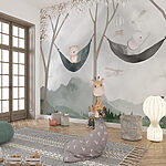 Papier peint Une girafe et un ours dans un hamac