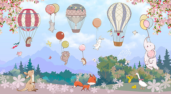 Un dessin animé d'animaux et de montgolfières Un dessin animé d'animaux et de montgolfières