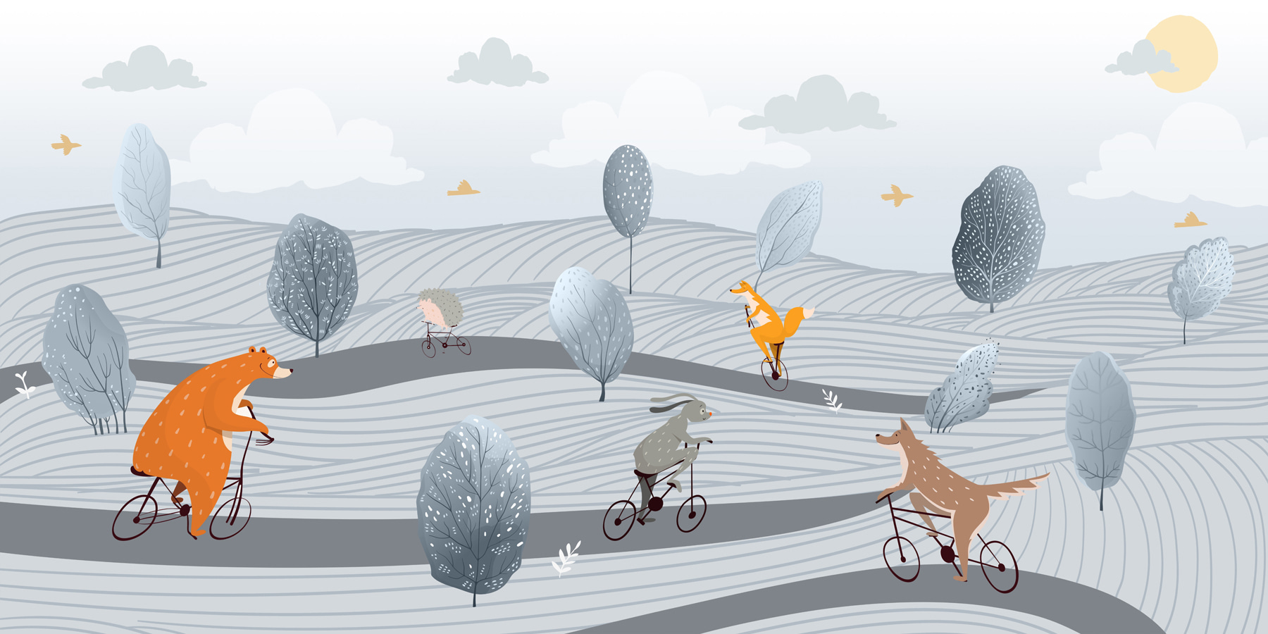 A group of animals riding bicycles in a field A group of animals riding bicycles in a field