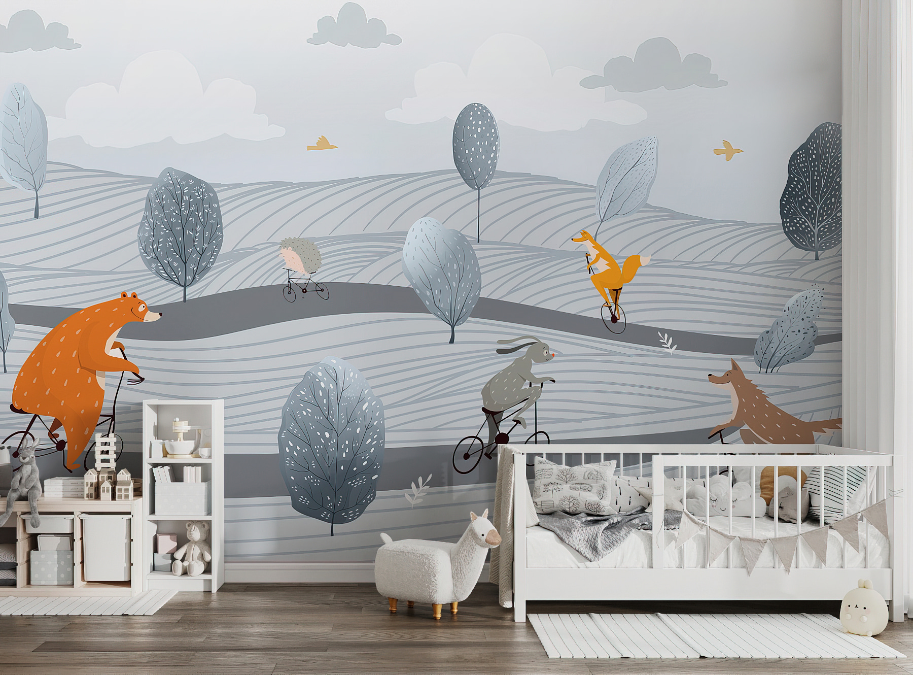 A group of animals riding bicycles in a field A group of animals riding bicycles in a field