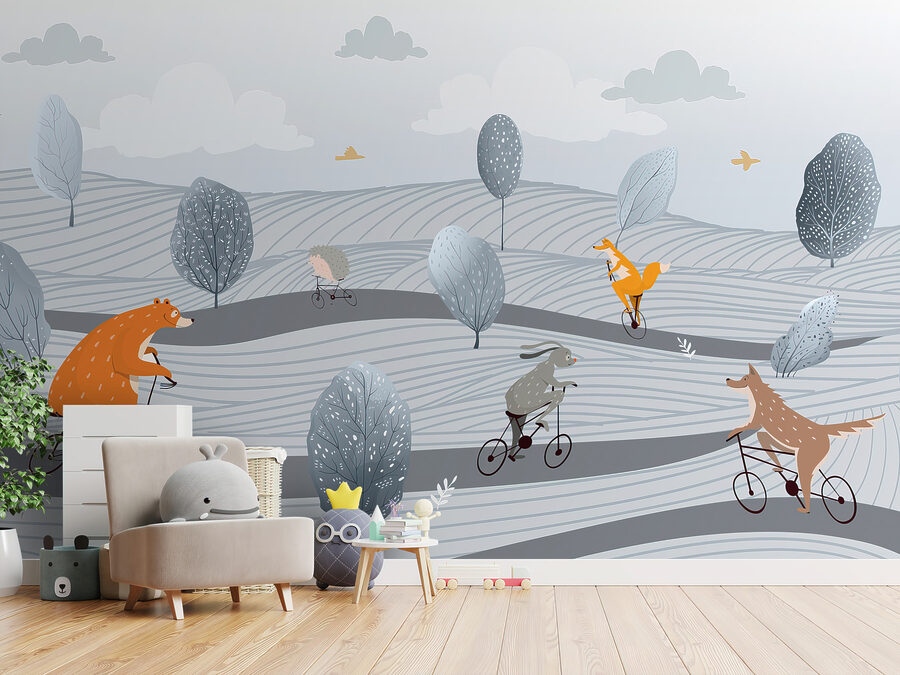 Groupe d'animaux à bicyclette dans un champ