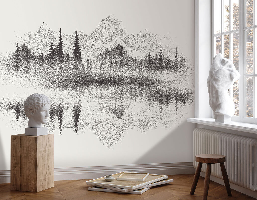 A mountain range and trees reflected in a lake A mountain range and trees reflected in a lake