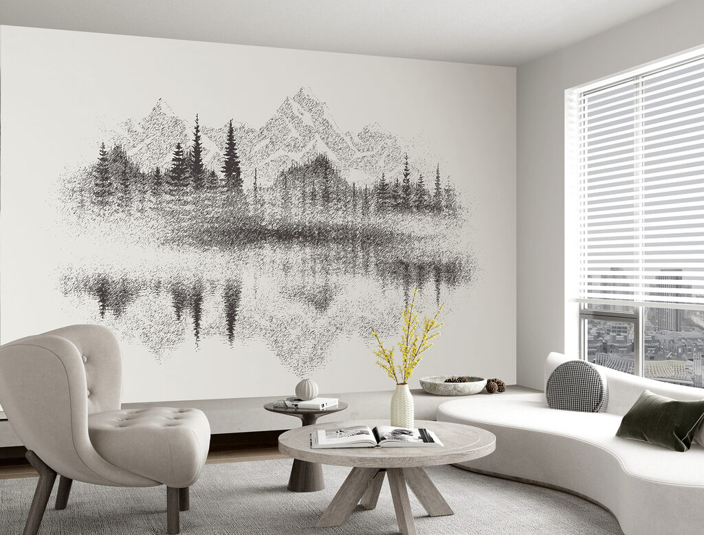 A mountain range and trees reflected in a lake A mountain range and trees reflected in a lake