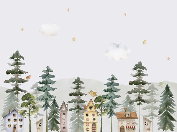 Une aquarelle de maisons et d'arbres Une aquarelle de maisons et d'arbres