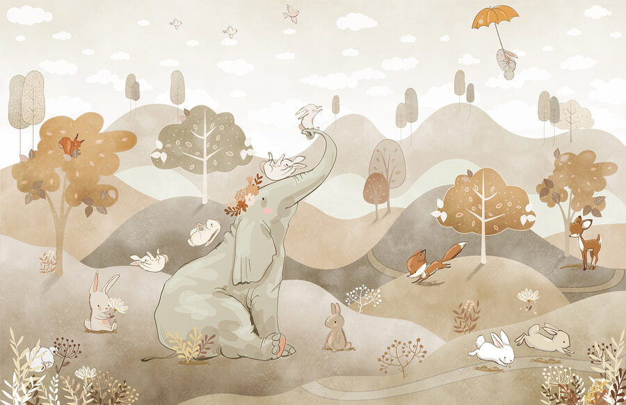 Un éléphant et des lapins dans un paysage Un éléphant et des lapins dans un paysage