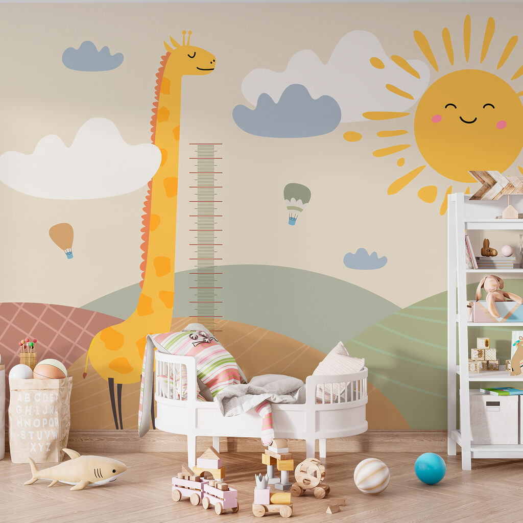 A giraffe standing in a field with a sun and clouds A giraffe standing in a field with a sun and clouds