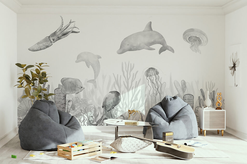 A sea life with fish and jellyfish