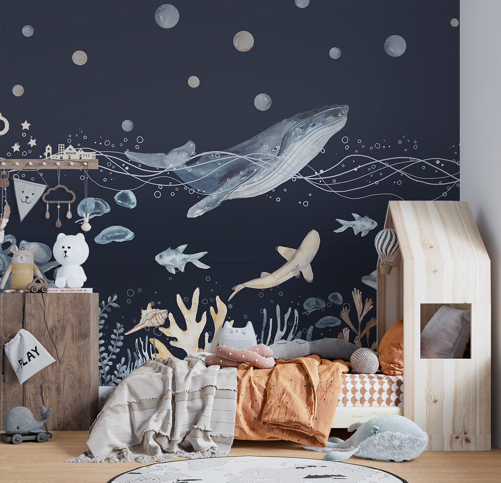 A watercolor of a whale and fish A watercolor of a whale and fish