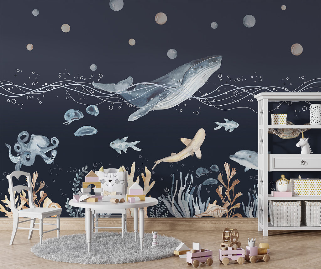 A watercolor of a whale and fish A watercolor of a whale and fish