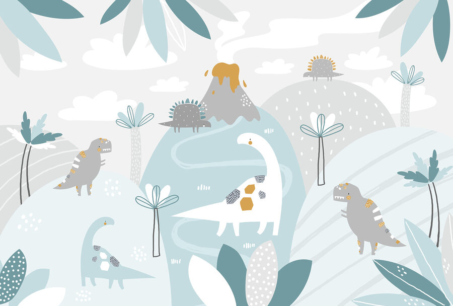 Un dinosaure de dessin animé avec un volcan et des plantes