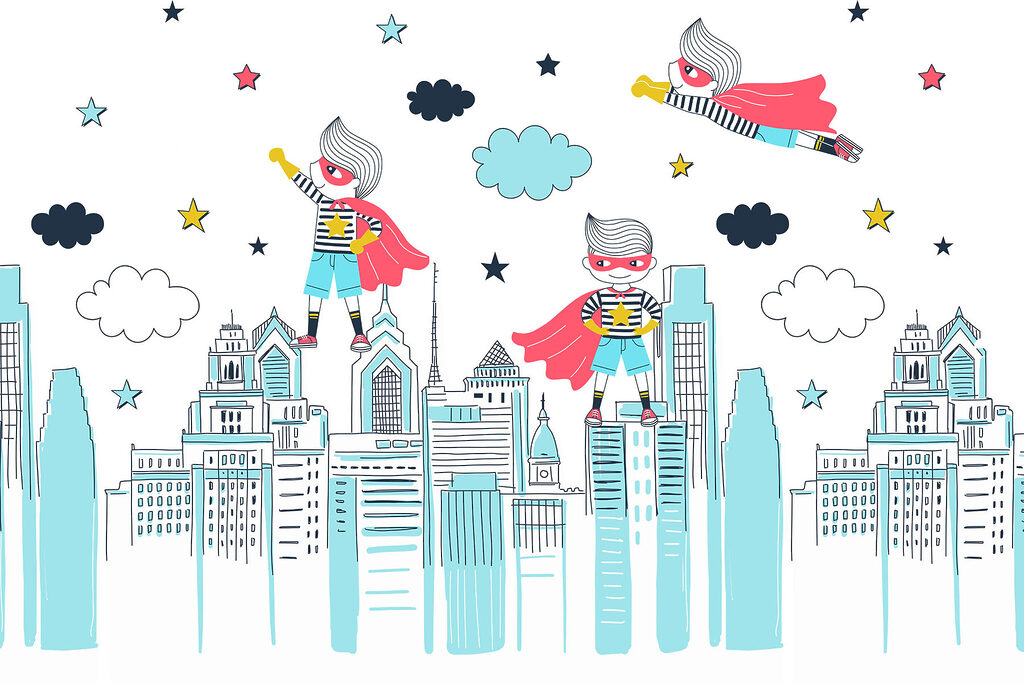 Dessin humoristique d'un super-héros sur une ville Dessin humoristique d'un super-héros sur une ville