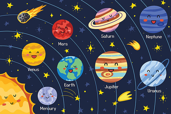 Dessin animé de planètes et d'étoiles dans l'espace Dessin animé de planètes et d'étoiles dans l'espace