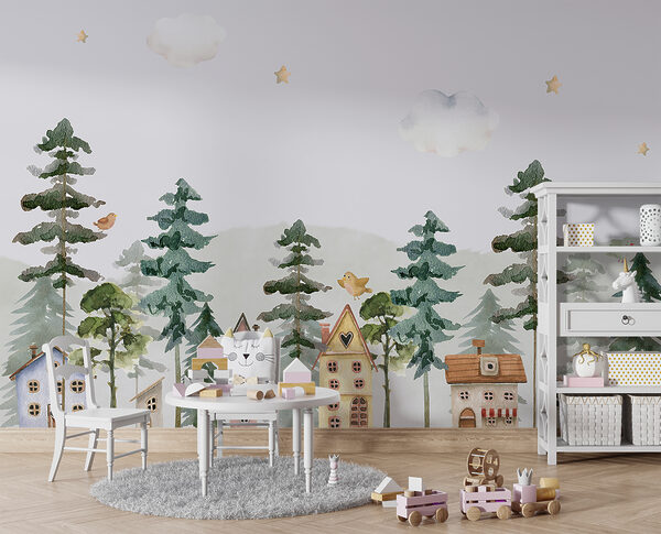 Une aquarelle de maisons et d'arbres Une aquarelle de maisons et d'arbres