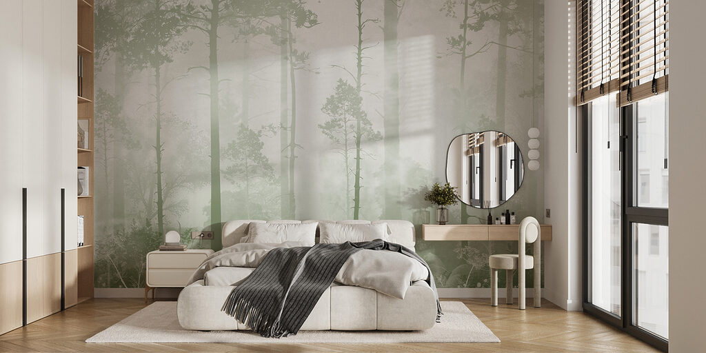 A foggy forest with tall trees