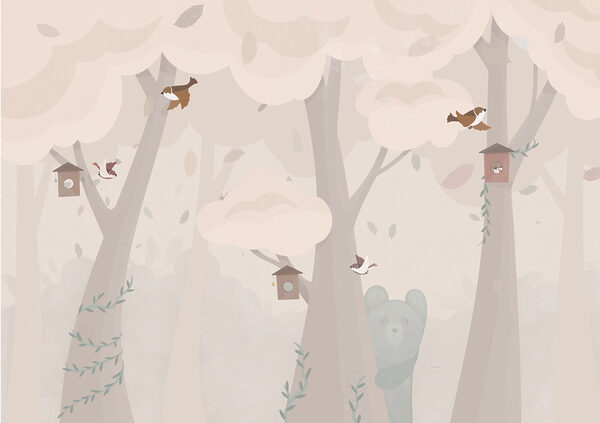 Dessin animé d'un ours et d'oiseaux dans une forêt Dessin animé d'un ours et d'oiseaux dans une forêt