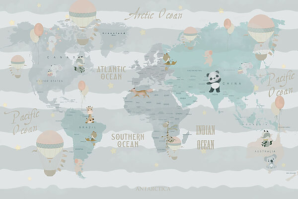 Une carte du monde avec des animaux et des ballons Une carte du monde avec des animaux et des ballons