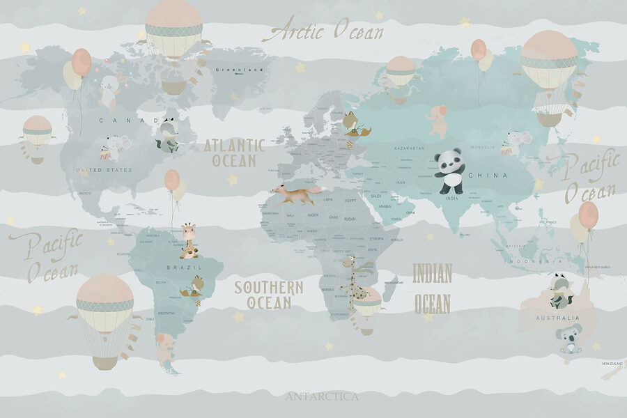 Une carte du monde avec des animaux et des ballons