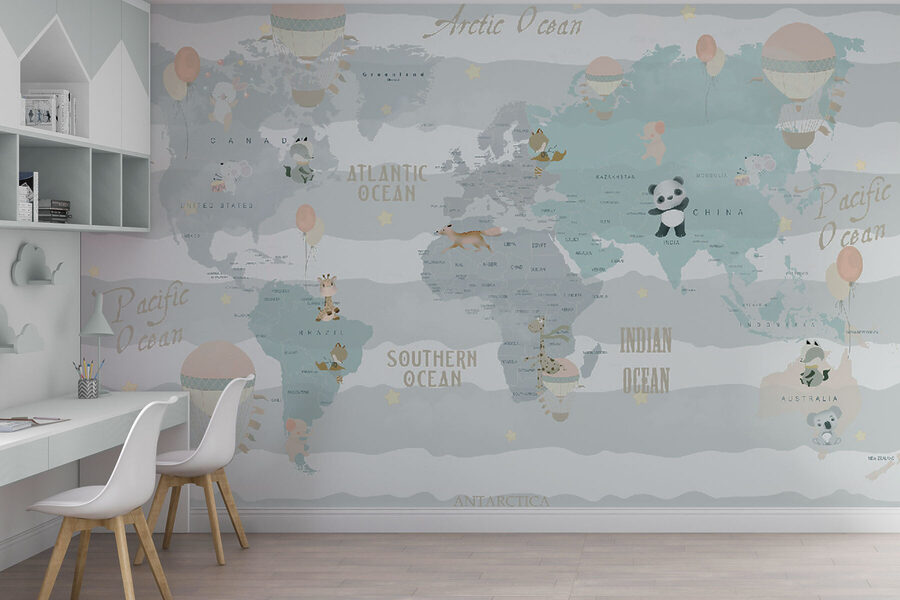 Une carte du monde avec des animaux et des ballons