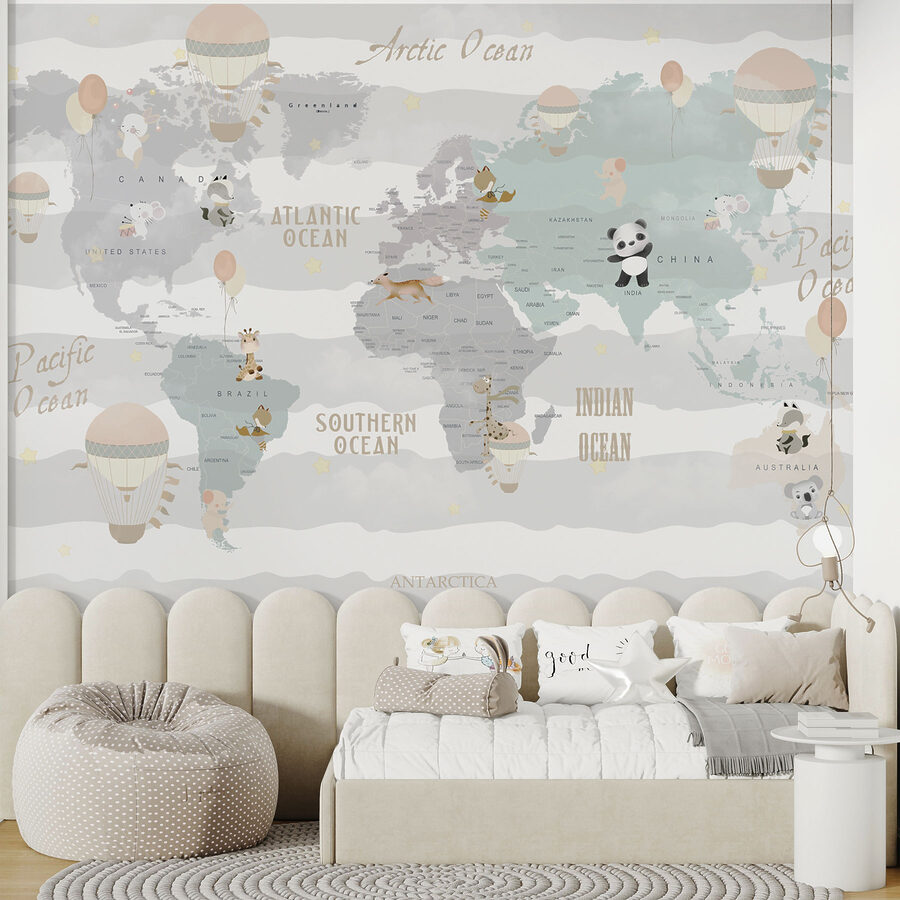 Une carte du monde avec des animaux et des ballons