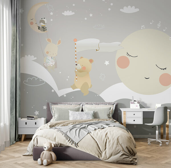 Papier peint Papier peint Dessin humoristique d'une lune et d'un ours (UGS : u97462)