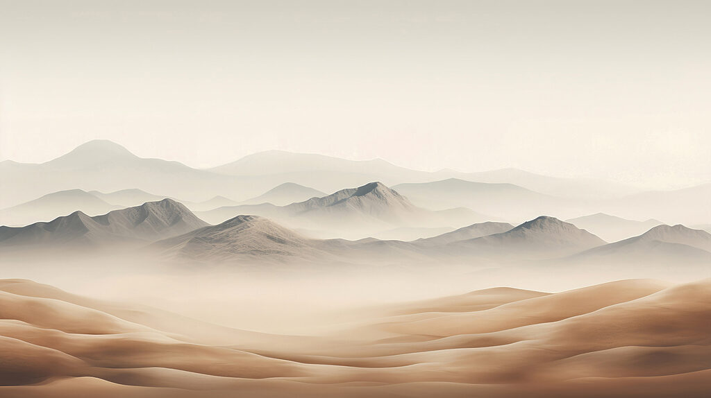 Un paysage désertique avec des collines et du brouillard Un paysage désertique avec des collines et du brouillard