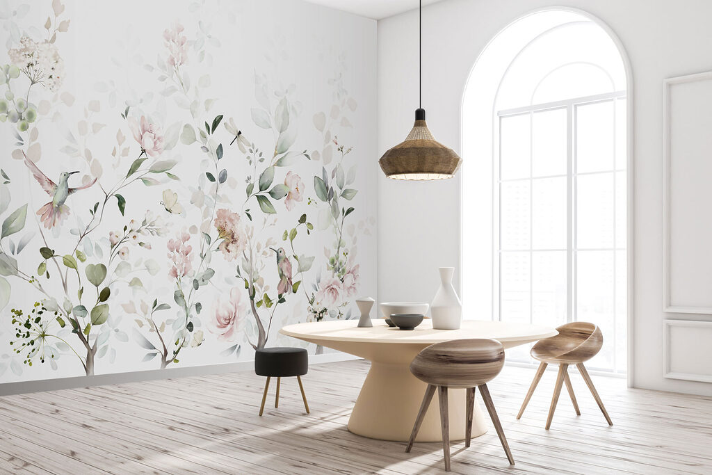 A painting of flowers and birds