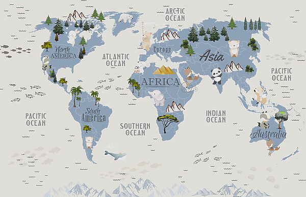 Une carte du monde avec des animaux et des oiseaux Une carte du monde avec des animaux et des oiseaux