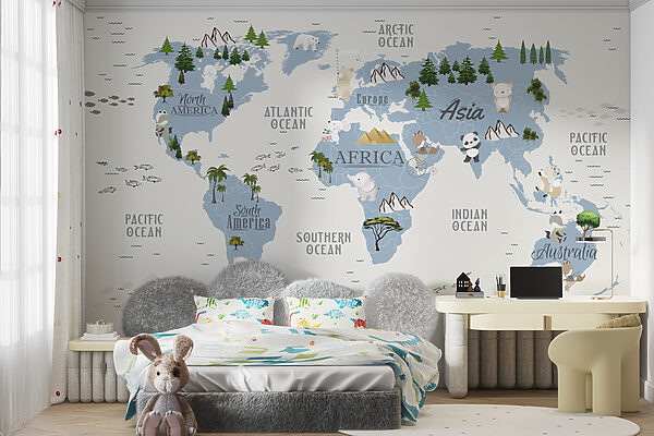 Une carte du monde avec des animaux et des oiseaux Une carte du monde avec des animaux et des oiseaux