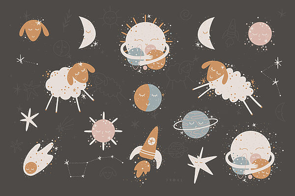 Un groupe d'images de dessins animés représentant des planètes et des étoiles Un groupe d'images de dessins animés représentant des planètes et des étoiles