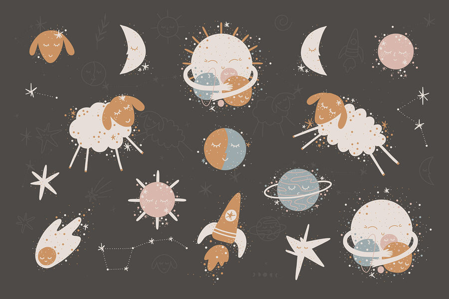Un groupe d'images de dessins animés représentant des planètes et des étoiles