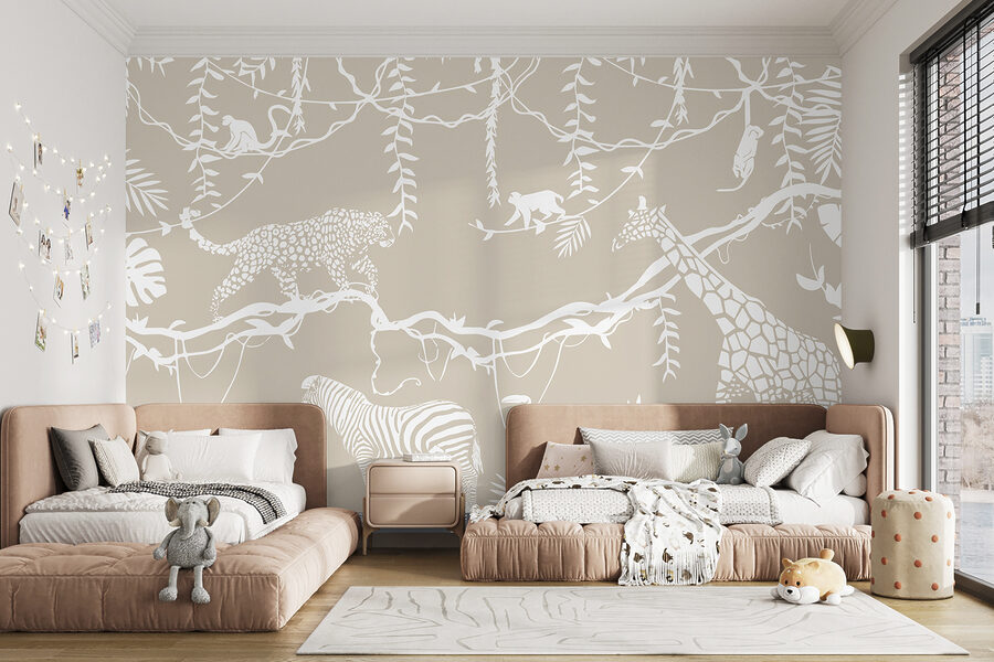 Un papier peint avec des animaux et des plantes