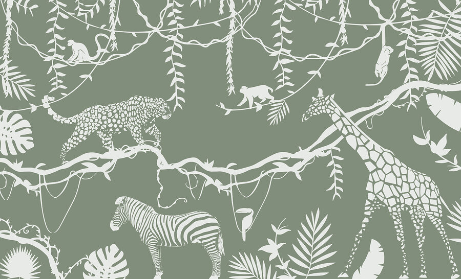 Un papier peint avec des animaux et des plantes