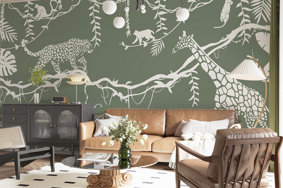 Un papier peint avec des animaux et des plantes
