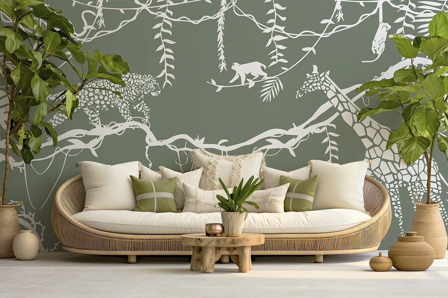 Un papier peint avec des animaux et des plantes